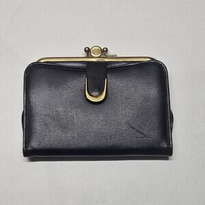 Vintage Baronet Genuine Cowhide Black Gold Leather Wallet Kiss Lock Coin Purse